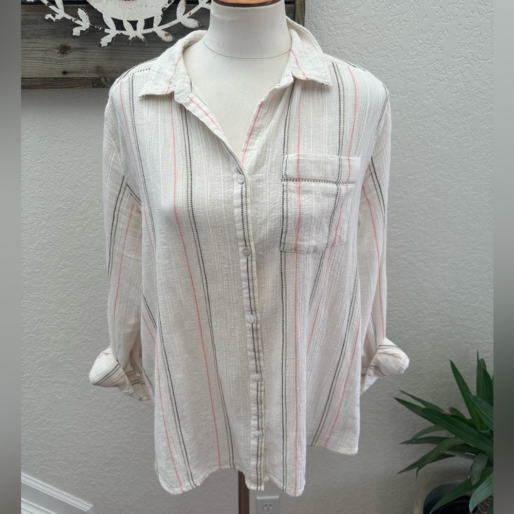 Sundance Selina Off‎ White Knit Top Pink Accent Stripes Gauzy cotton ladies L